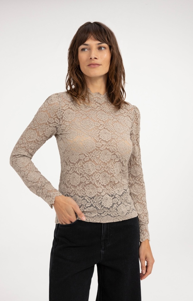 Haut en dentelle à manches longues et col montant - YAYA - Pure Cashmere Grey