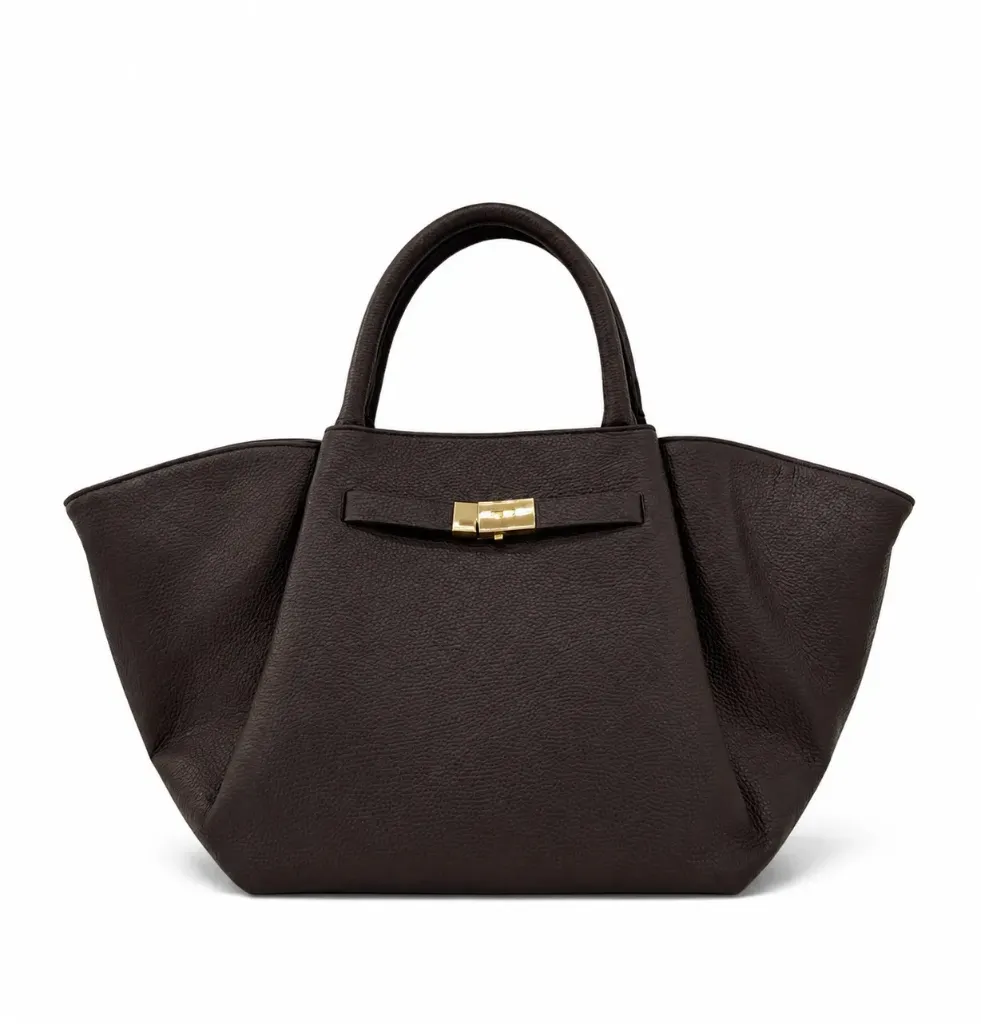 Sac à main cabas grainé à fermoir - Marron foncé
