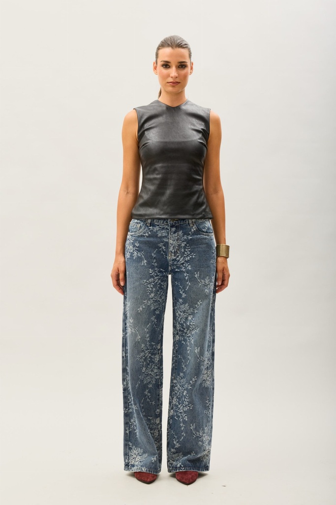 Jeans large imprimé fleuri - Bleu