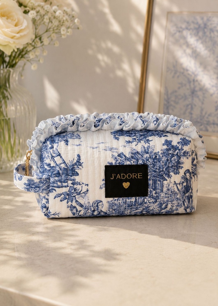 Trousse toile de Jouy à volants - J'adore - Bleu