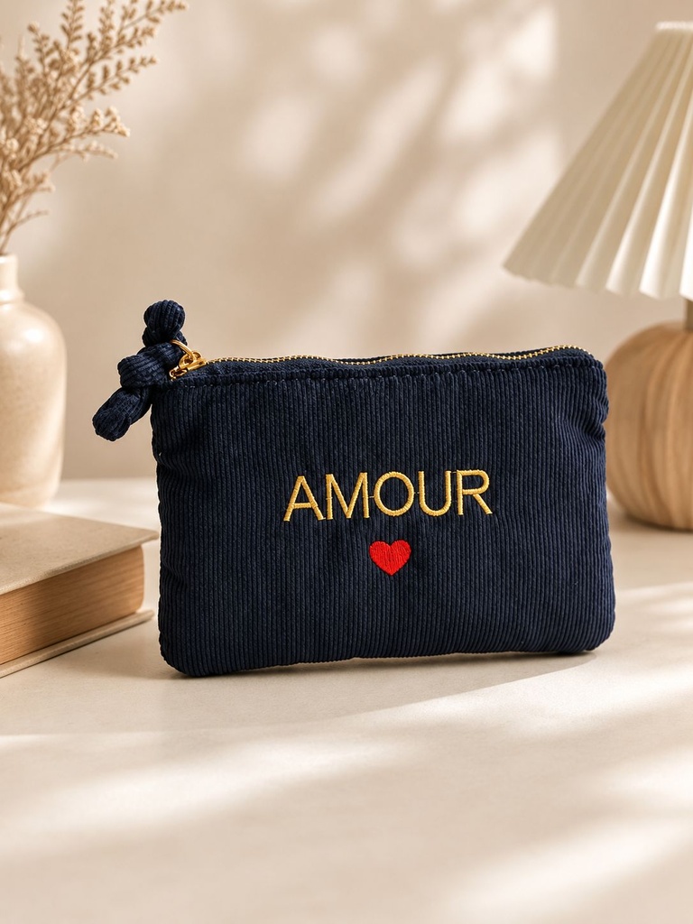 Pochette en velours côtelé - Amour - Marine