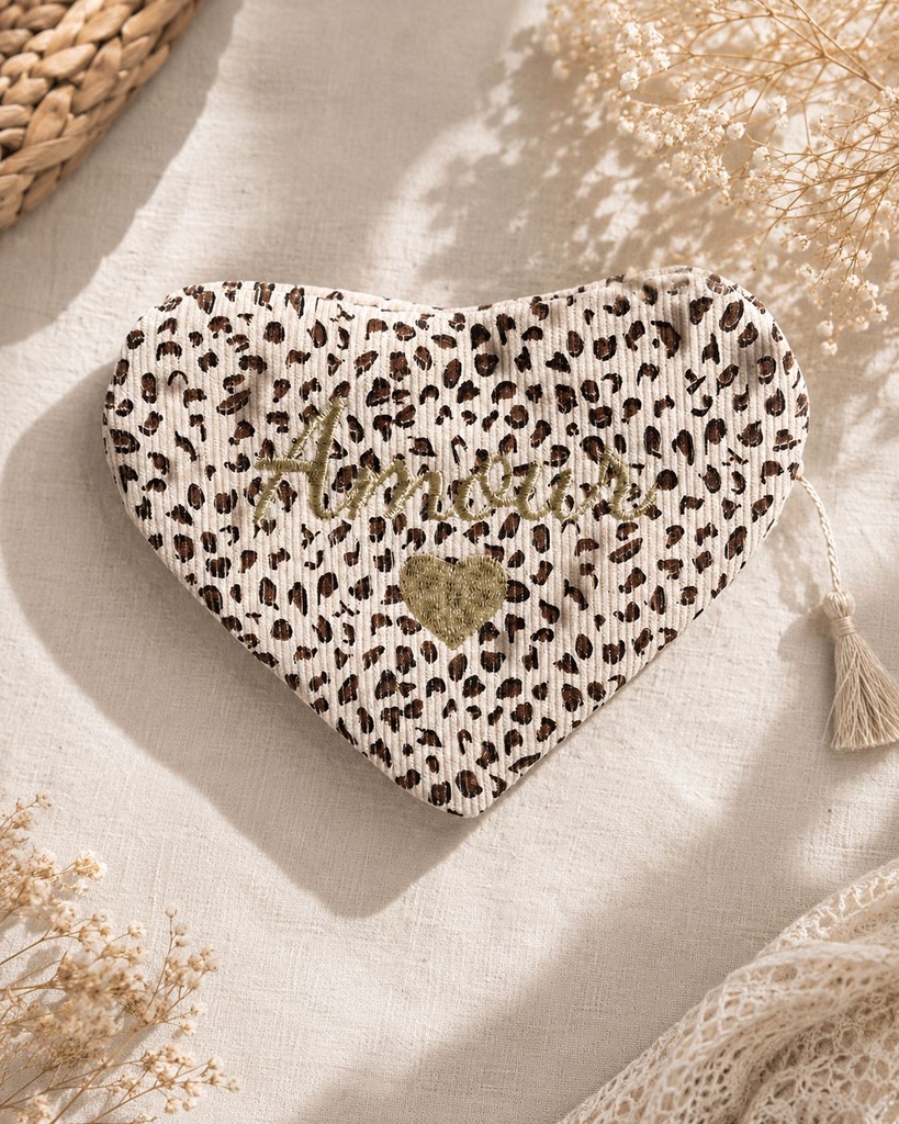 Pochette cœur en velours côtelé - Amour - Léopard beige