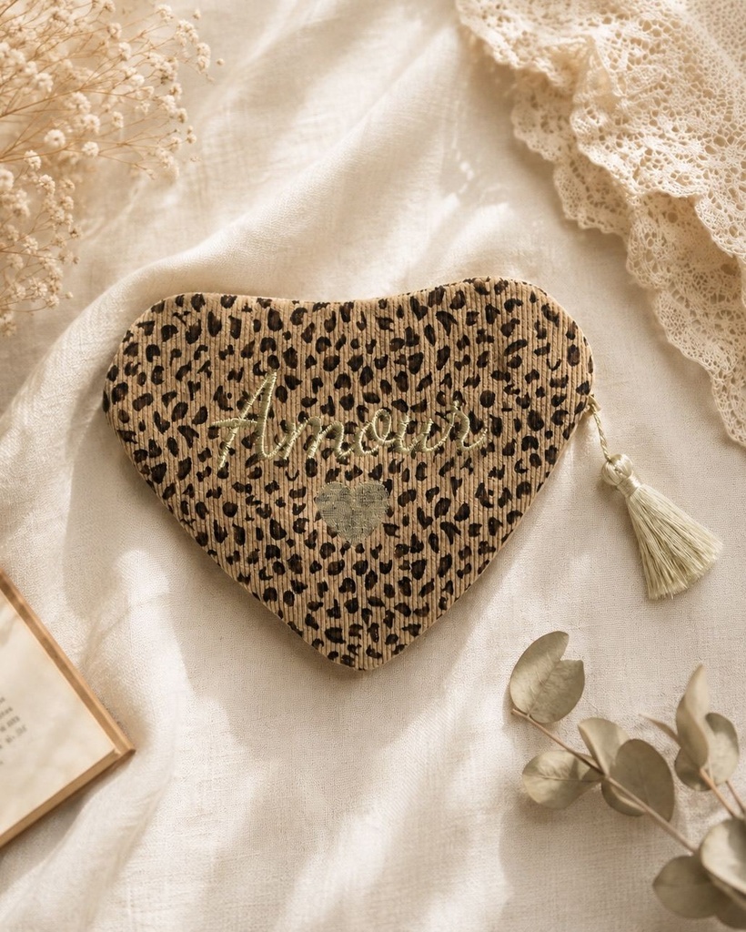 Pochette cœur en velours côtelé - Amour - Léopard taupe