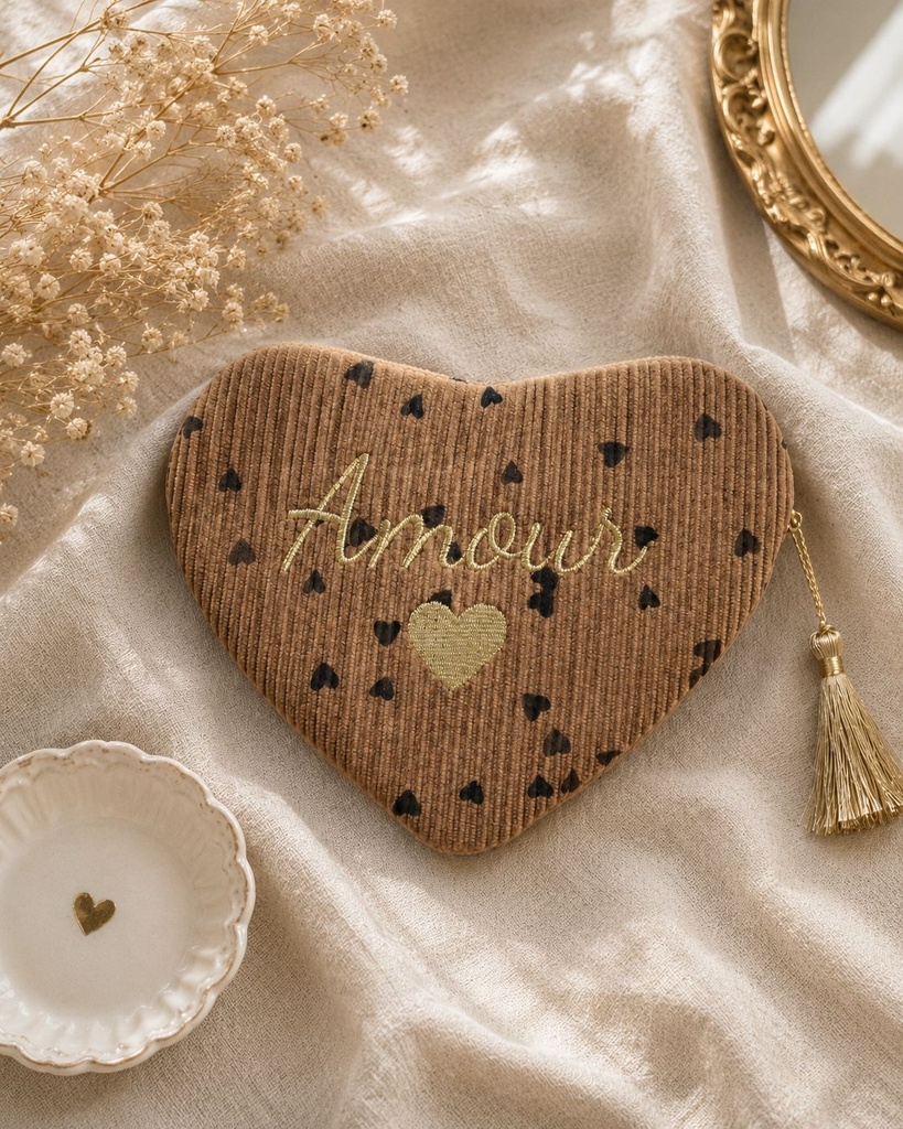 Pochette cœur en velours côtelé - Amour - Petits cœurs taupe