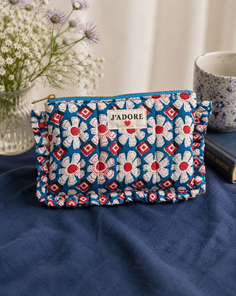 Trousse matelassée à volants - J'adore - Fleurs bleu