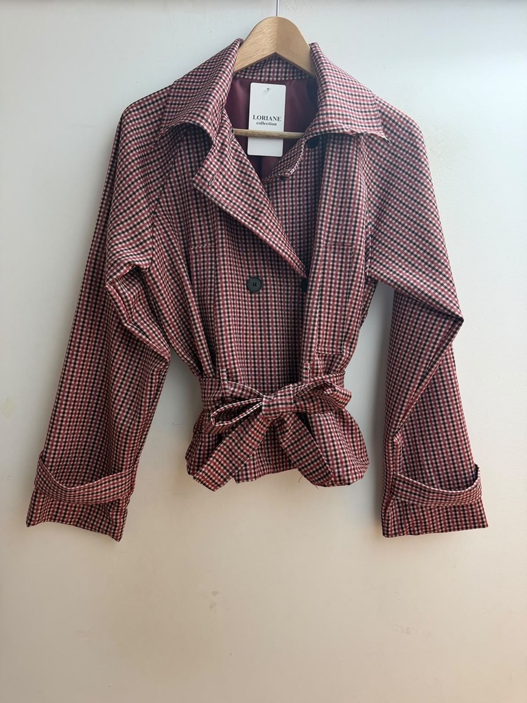Veste croisée à carreaux ceinturée - Bordeaux