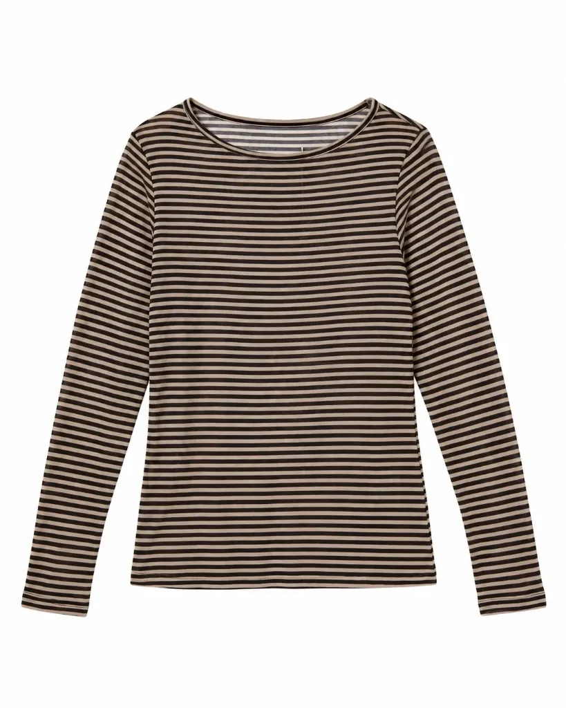 Blouse seconde peau manches longues à fines rayures - Beige et noir