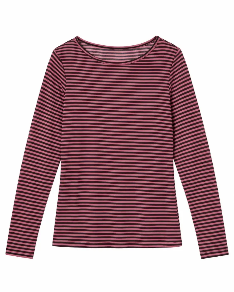 Blouse seconde peau manches longues à fines rayures - Rose et noir