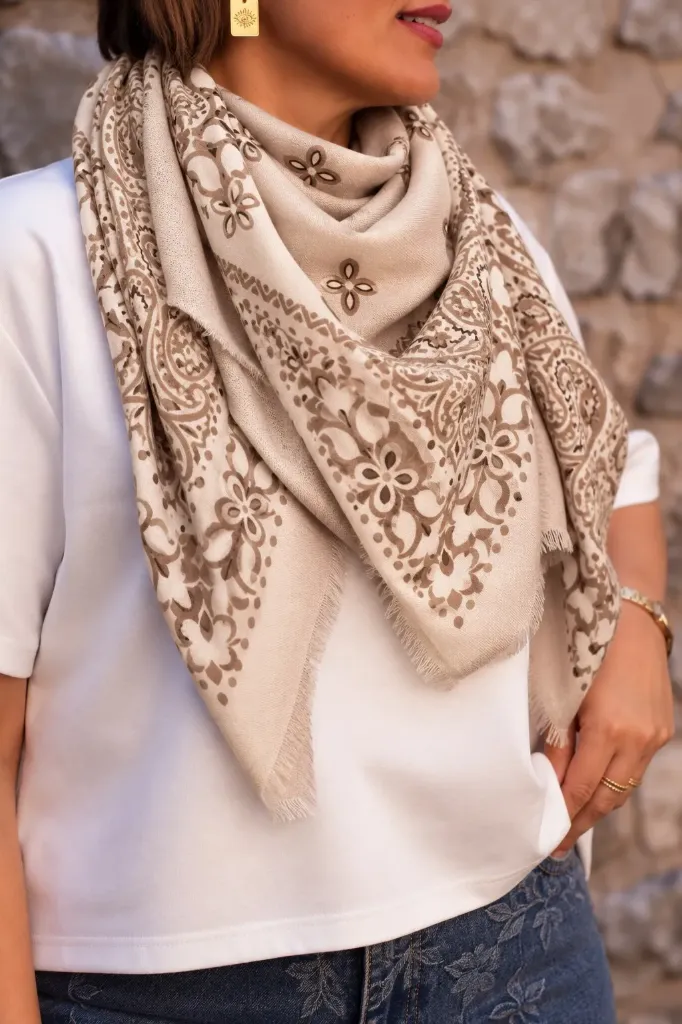 Foulard carré - Imprimé bandana - Beige