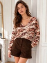 Pull col V imprimé petites fleurs - Rose et chocolat