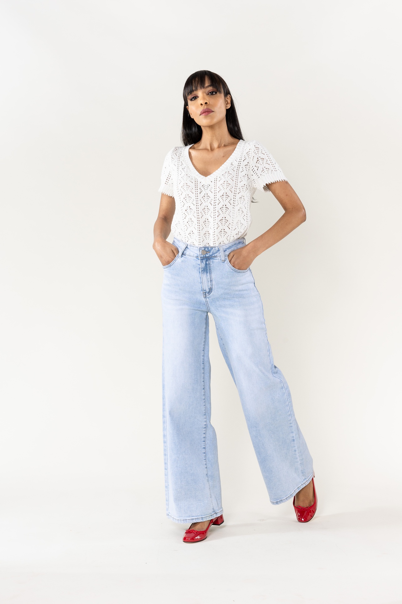 Jeans wide leg uni taille haute - Nathalie - Bleu très clair