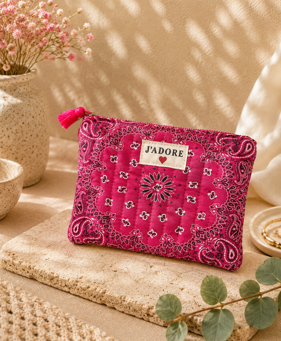 Pochette en coton - J'adore - Bandana Fuchsia