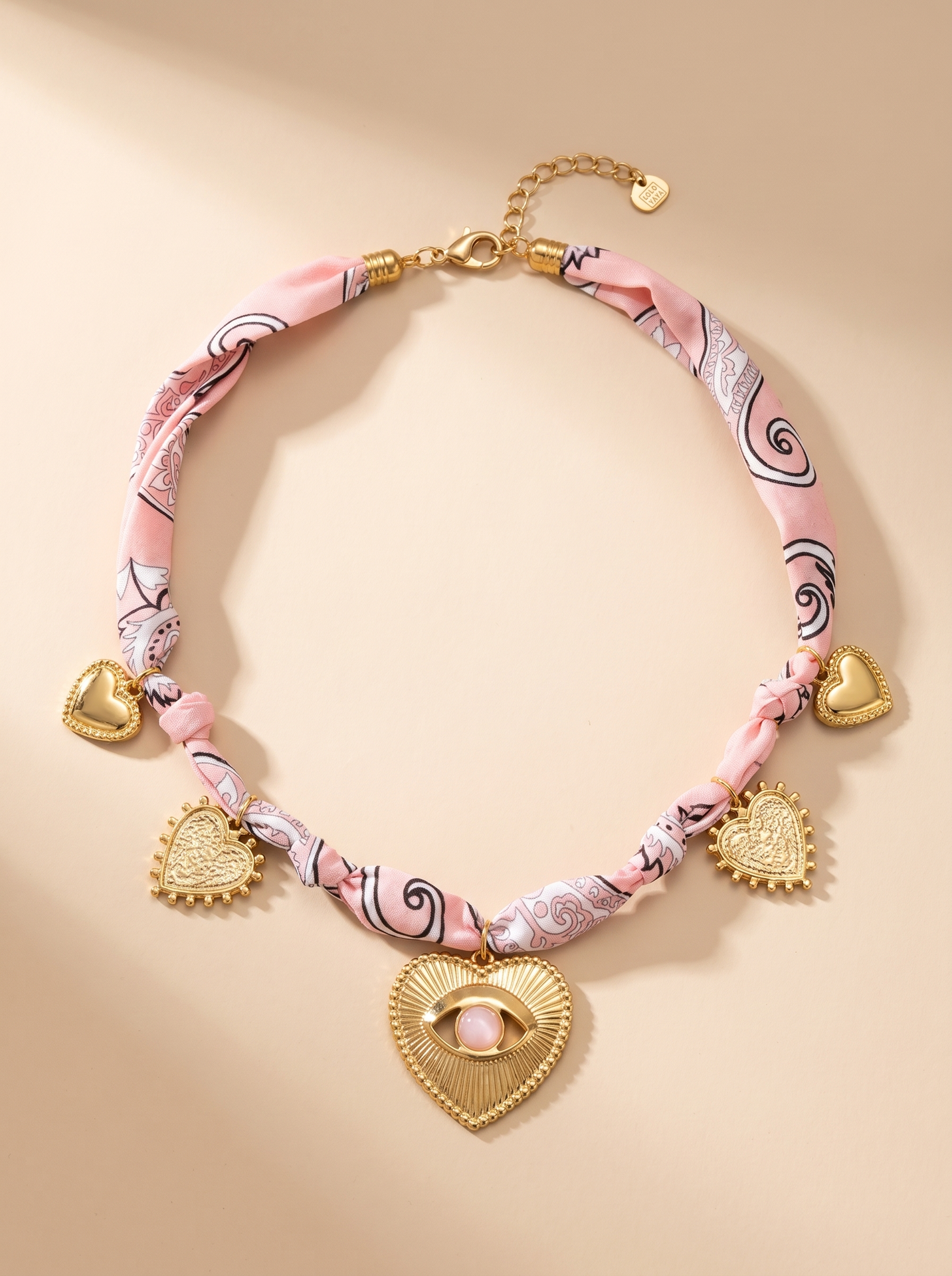 Collier en tissu avec charms coeur - Alitzel - Rose