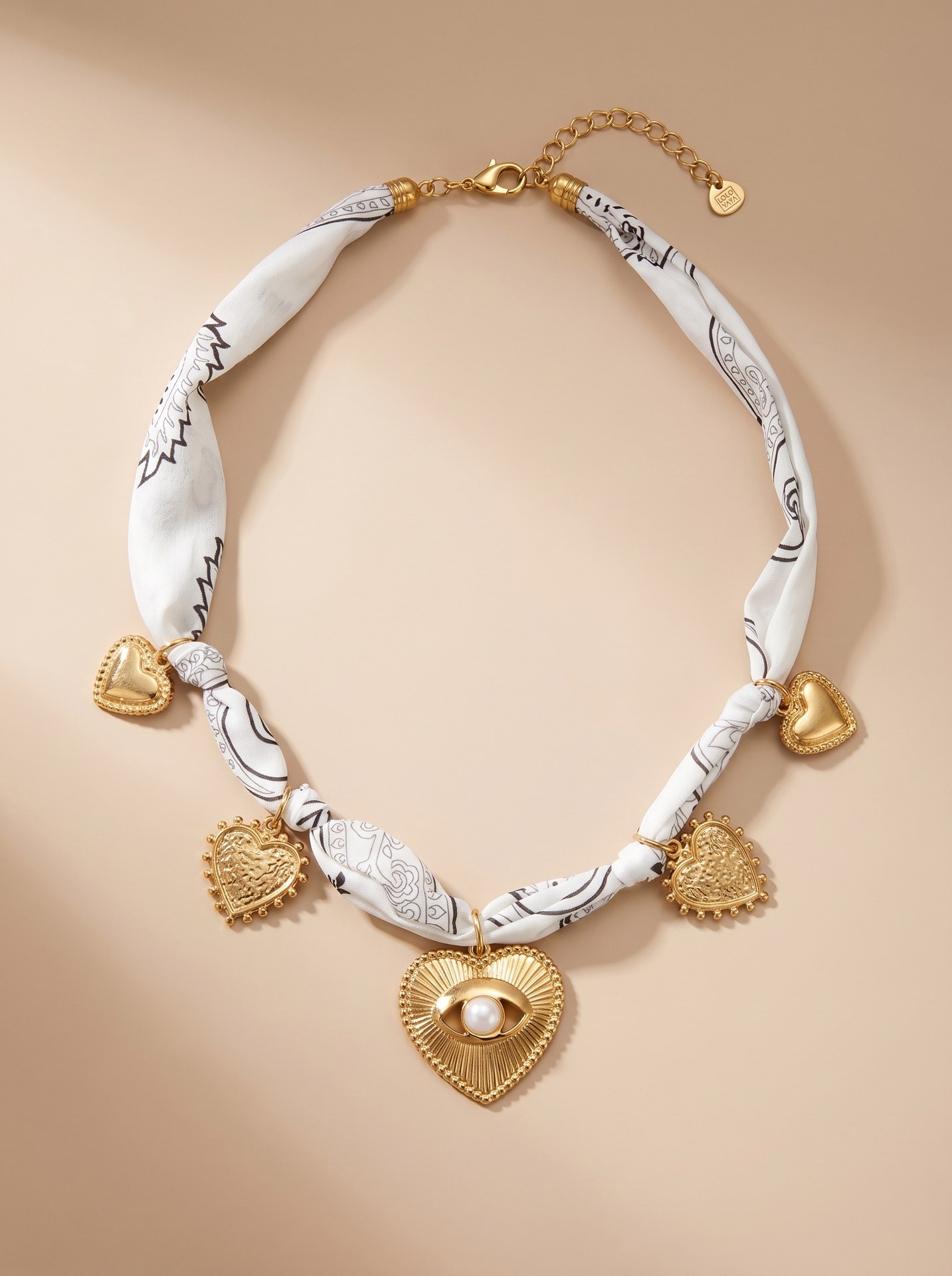Collier en tissu avec charms coeur - Alitzel - Blanc