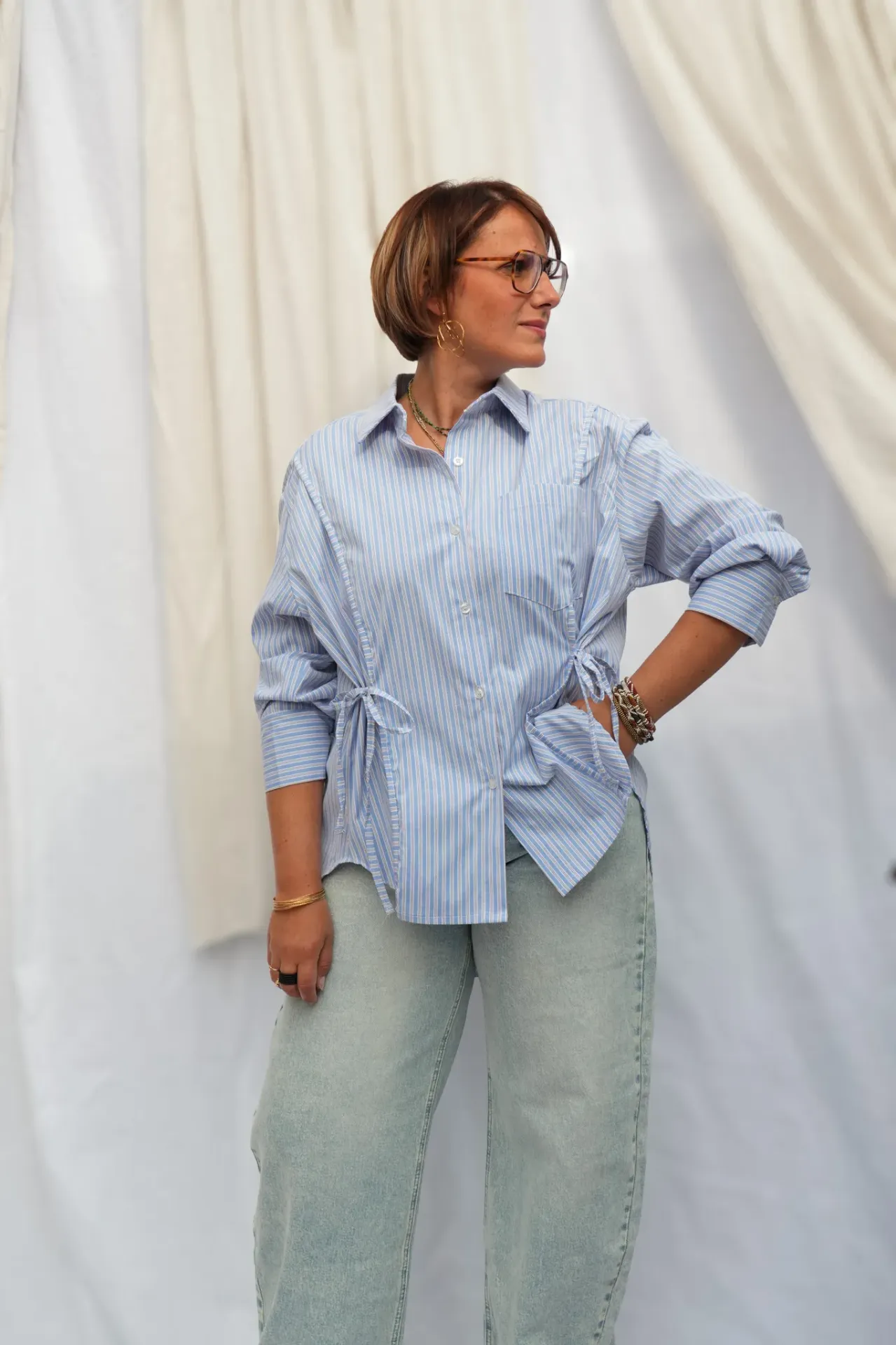 Chemise rayée à nouer - Bleu