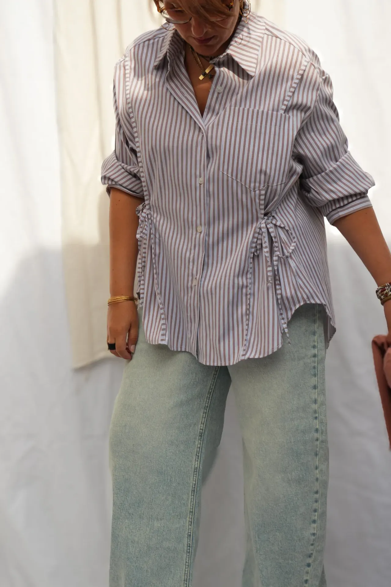Chemise rayée à nouer - Taupe