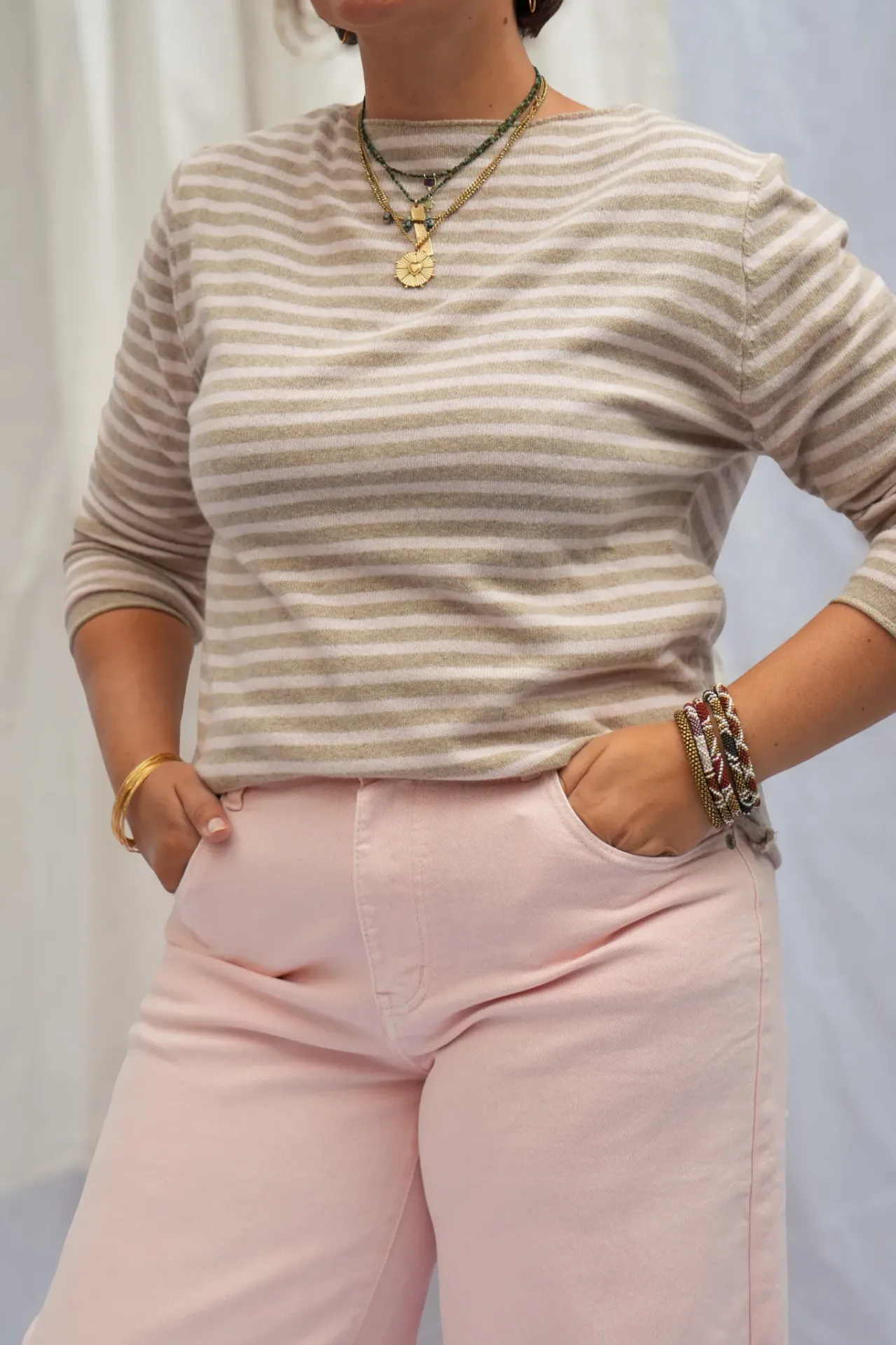 Pull col bateau rayé - Taupe & rose