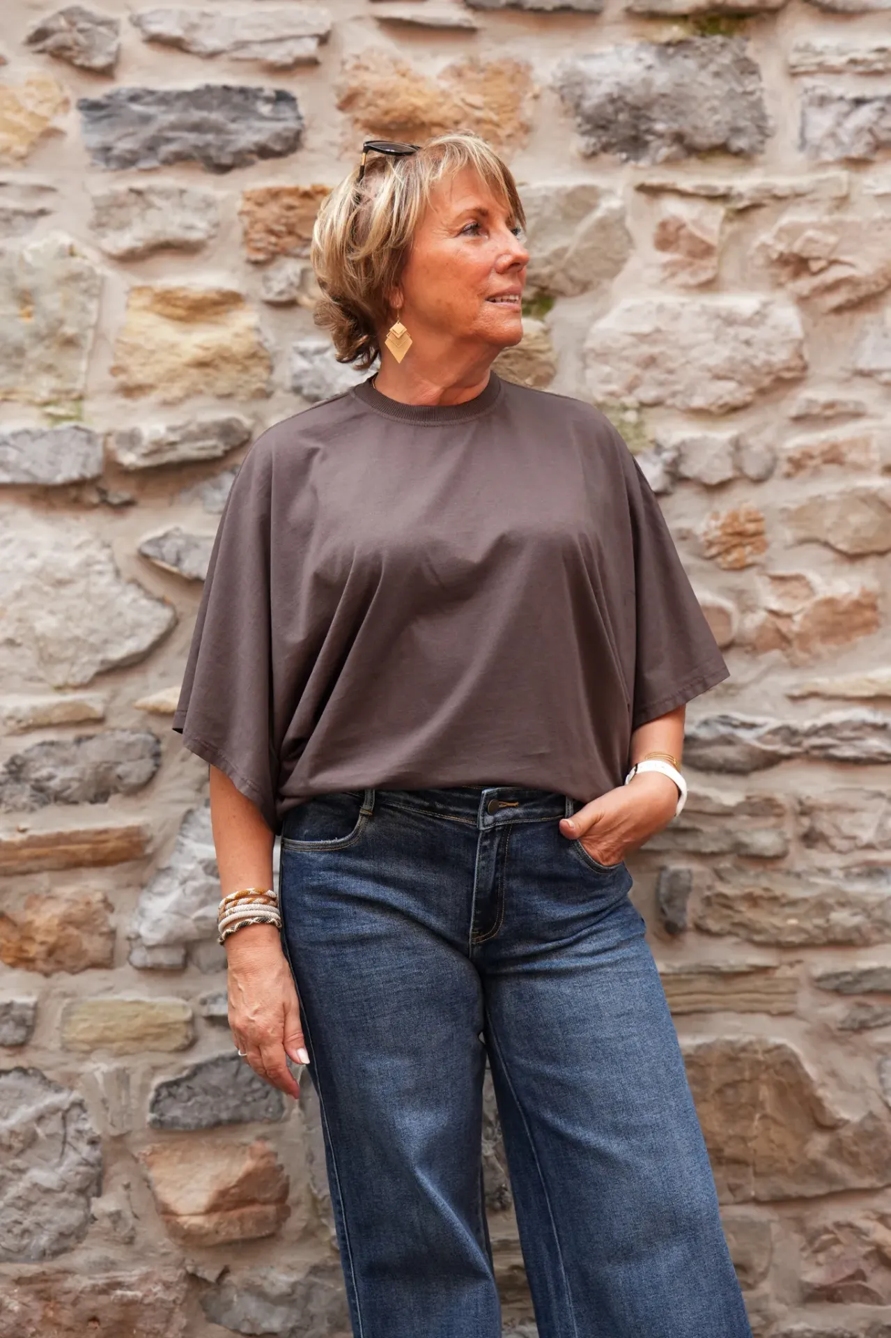 T-shirt court manches drapées - Chocolat