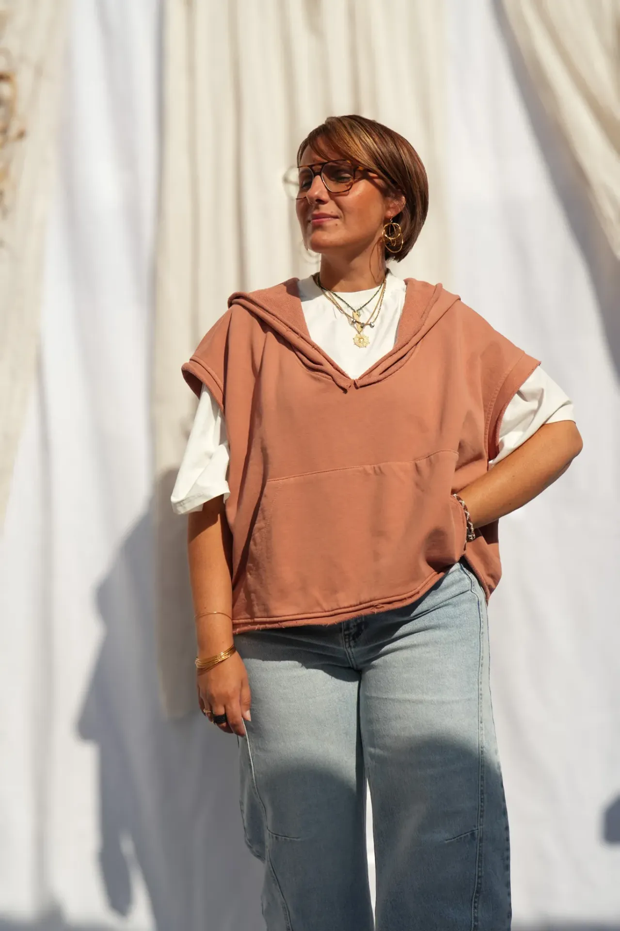Sweat à capuche sans manches délavé - Chêne