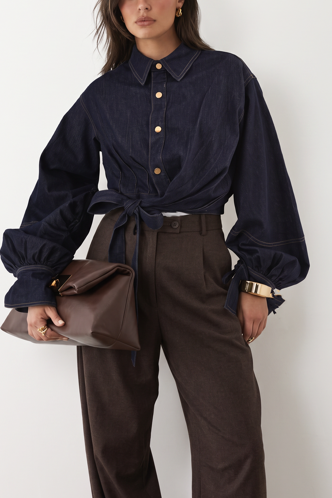 Chemise courte en jean à nouer - Bleu brut
