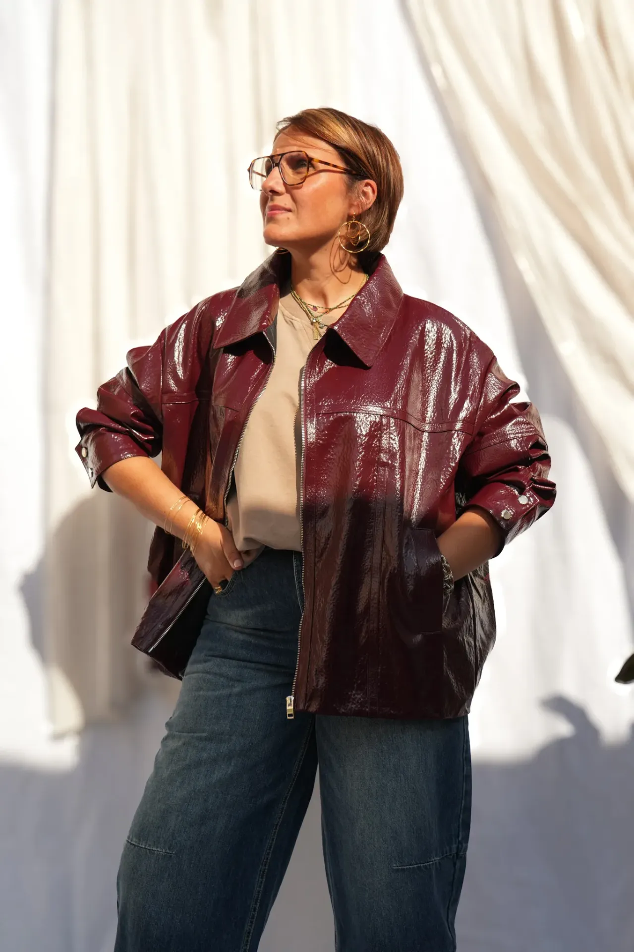 Veste zippée oversize en simili verni - Bordeaux