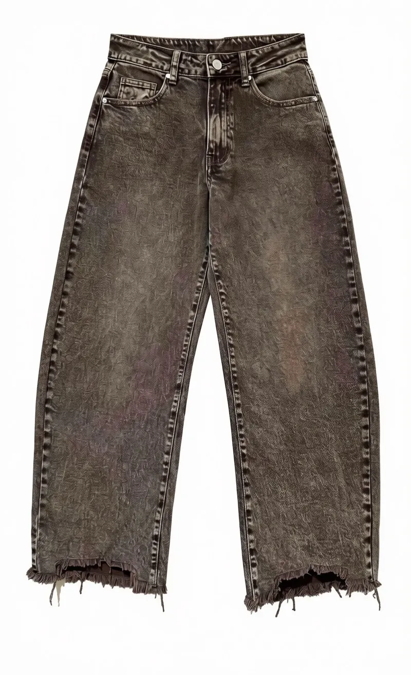 Jean barrel cropped à ourlet effrangé - Brun délavé