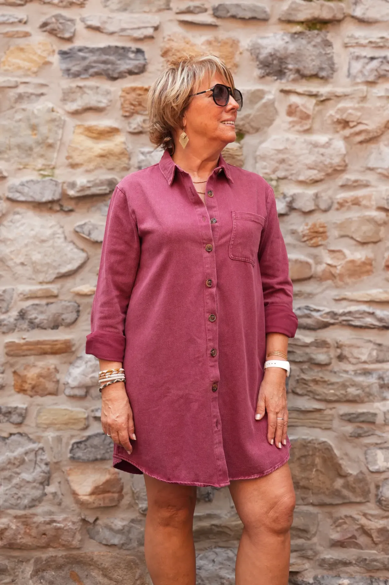 Robe chemise en coton délavé - Bordeaux
