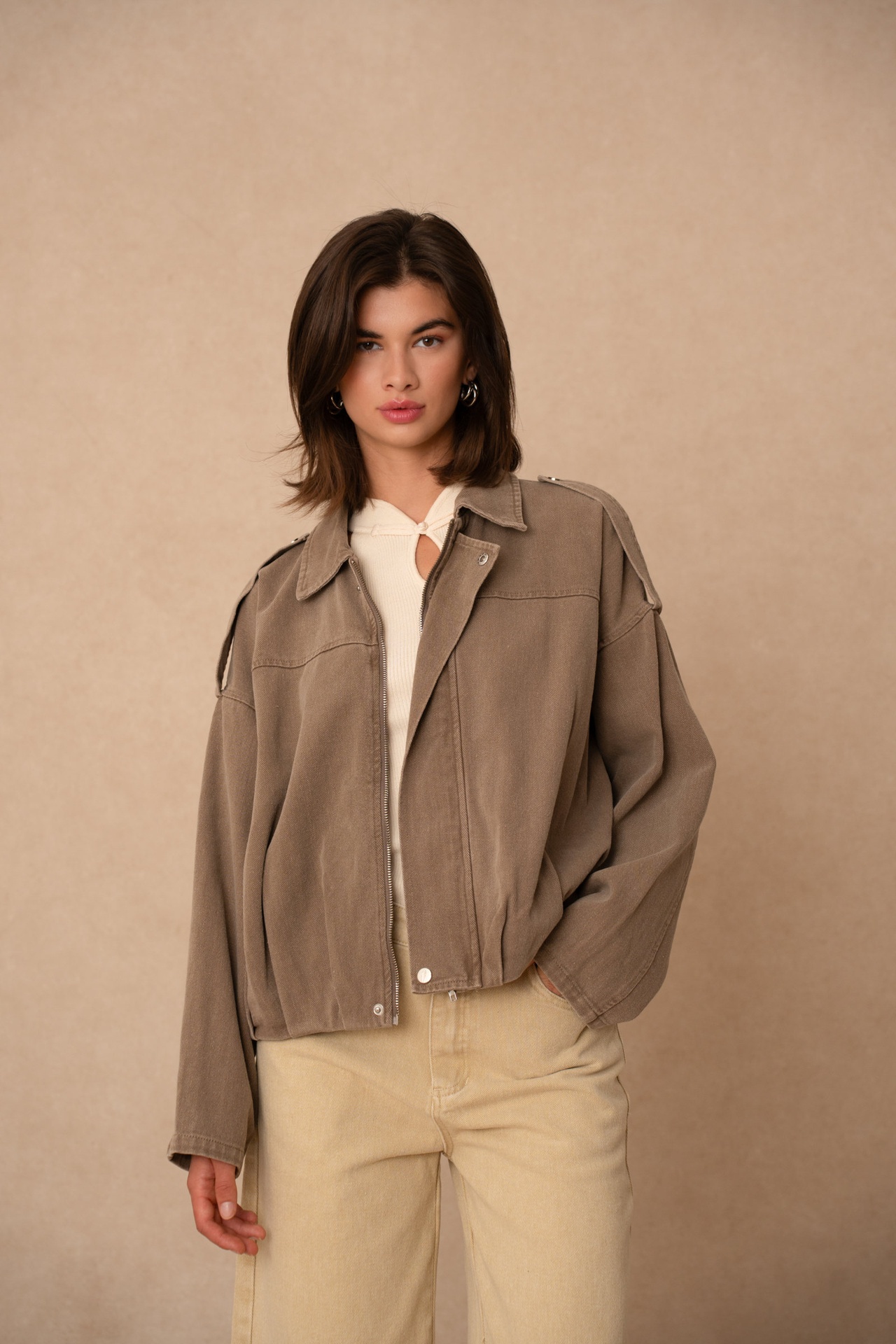 Blouson zippé en coton délavé - Taupe