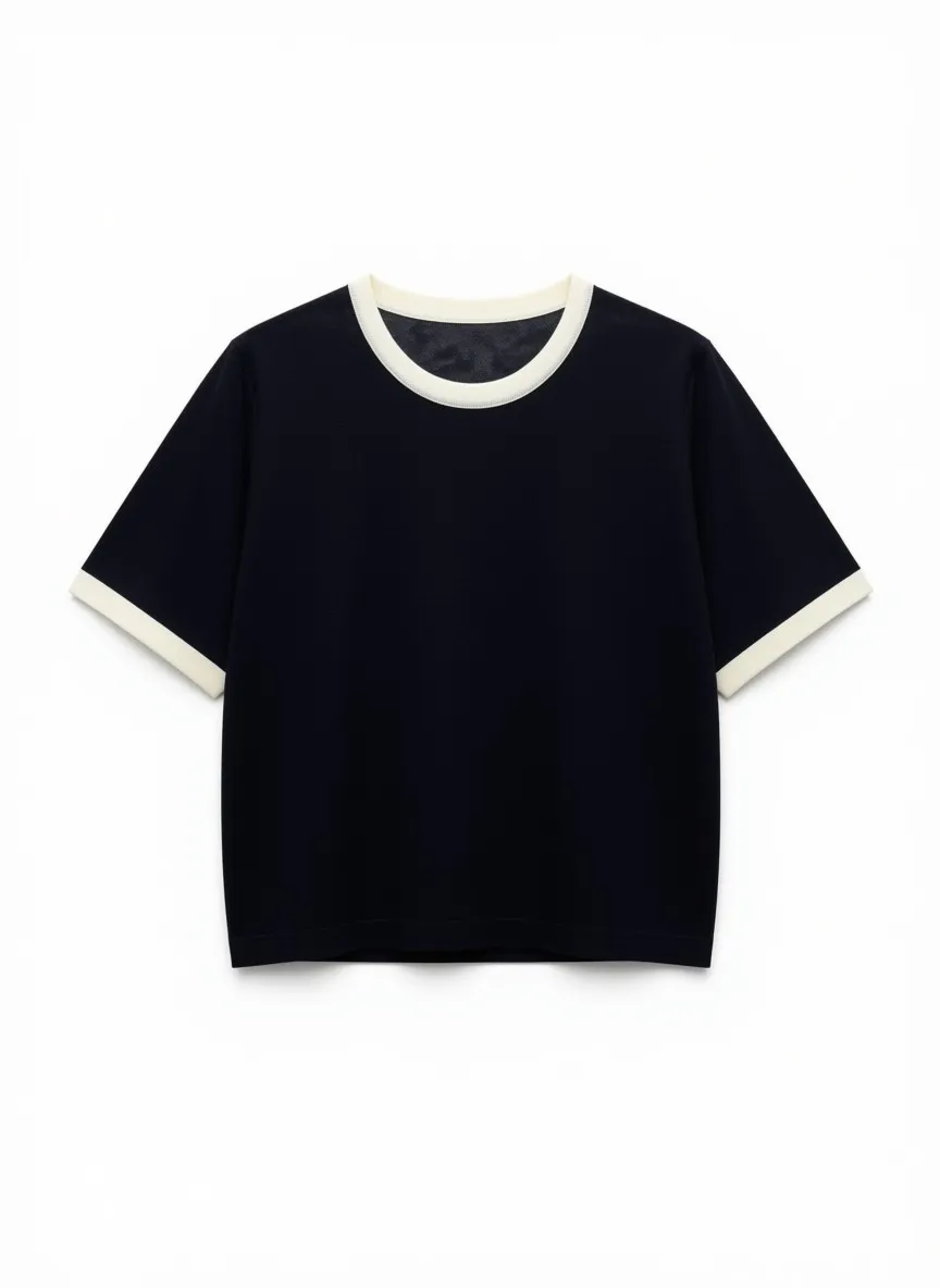 T-shirt maille fine bordures contrastées - Noir