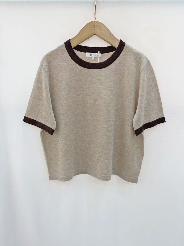 T-shirt maille fine bordures contrastées - Taupe