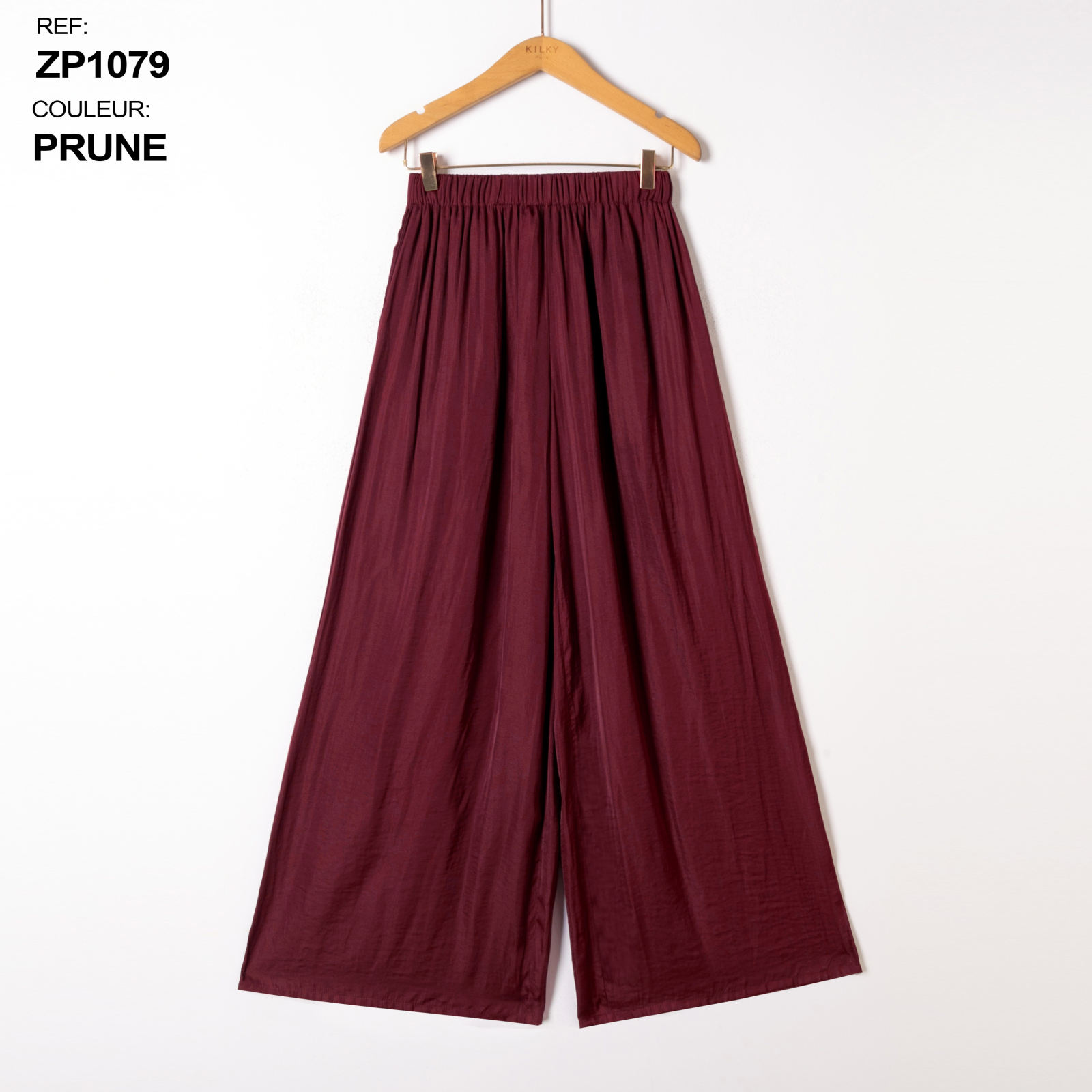 Pantalon large fluide aille élastiquée - Prune