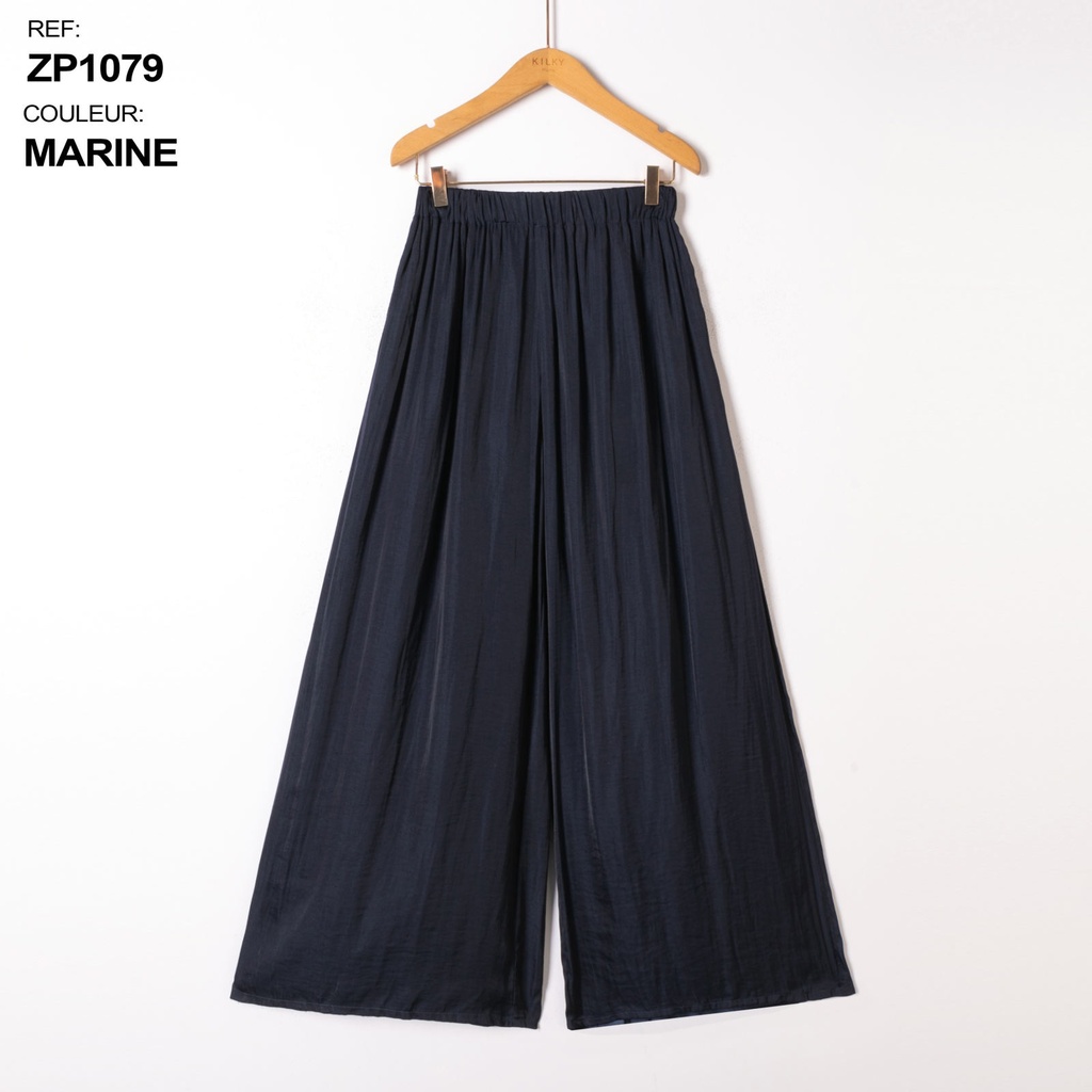 Pantalon large fluide taille élastiquée - Marine