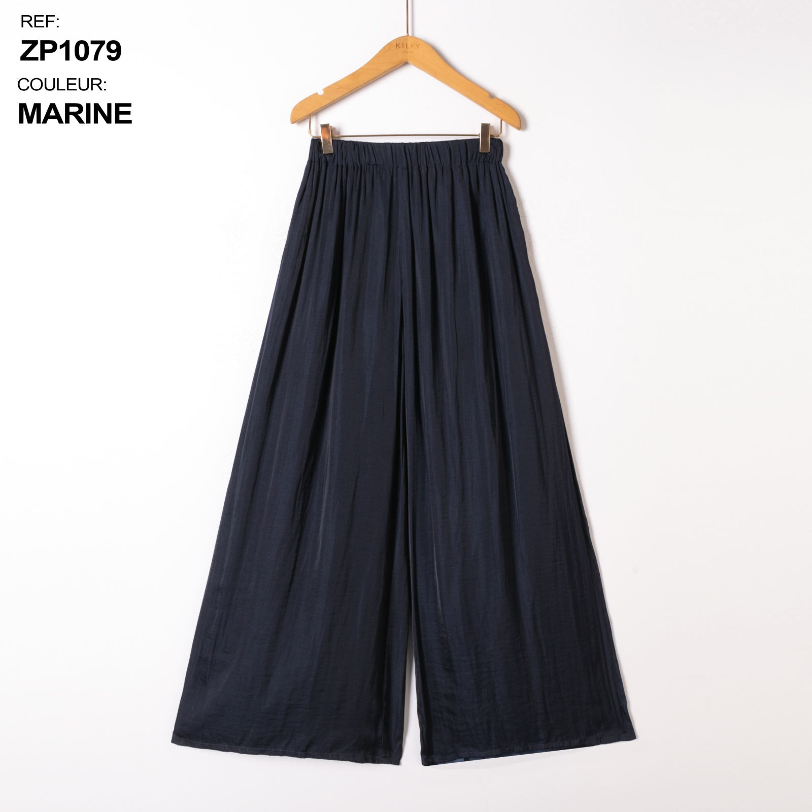 Pantalon large fluide taille élastiquée - Marine