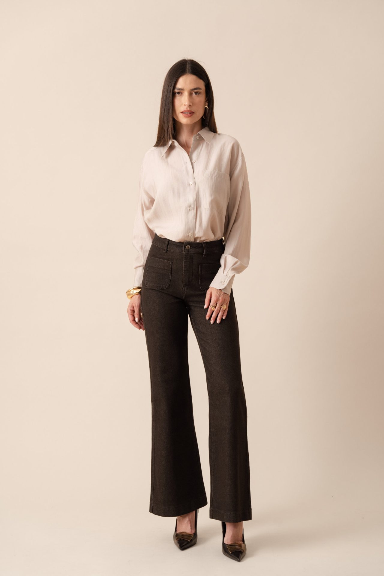 Jeans flare poches plaquées - Alma - Brut chocolat