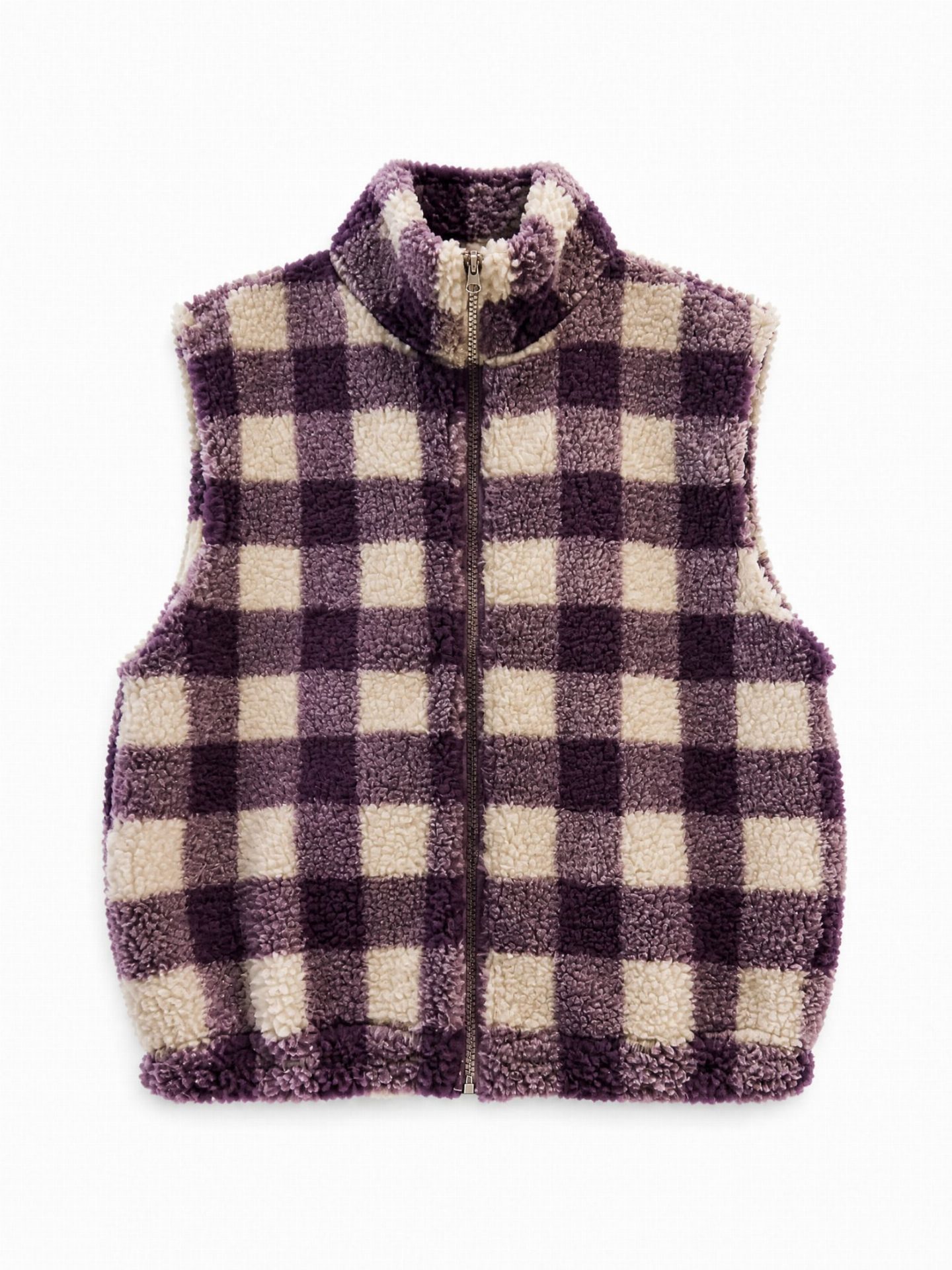 Gilet sherpa à carreaux - Bordeaux et beige