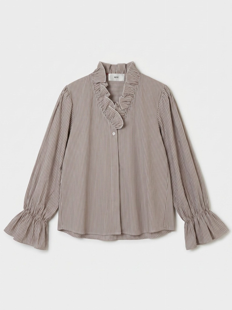 Blouse rayée col à volants - Rayé taupe