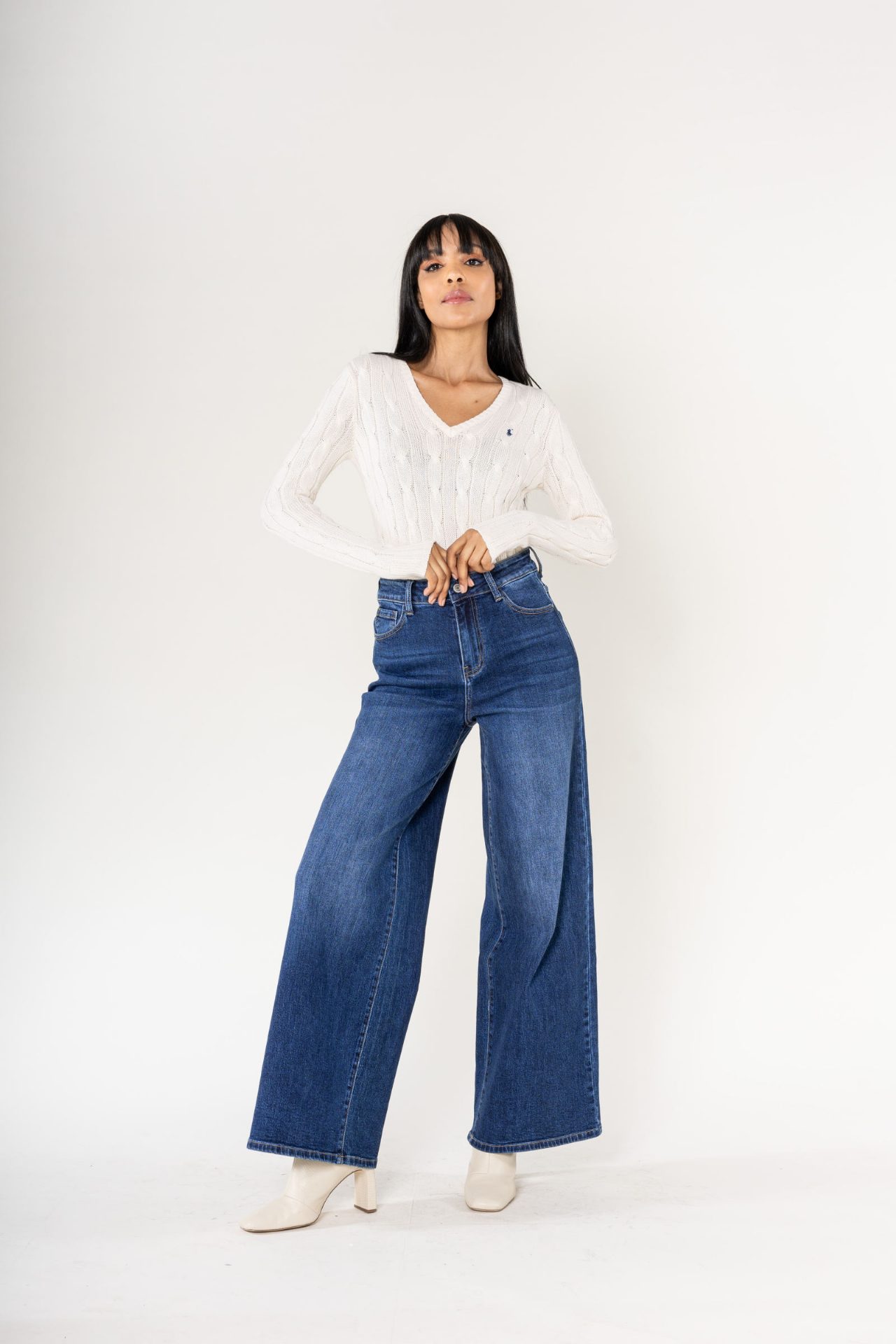 Jeans wide leg uni taille haute - Nathalie - Bleu foncé