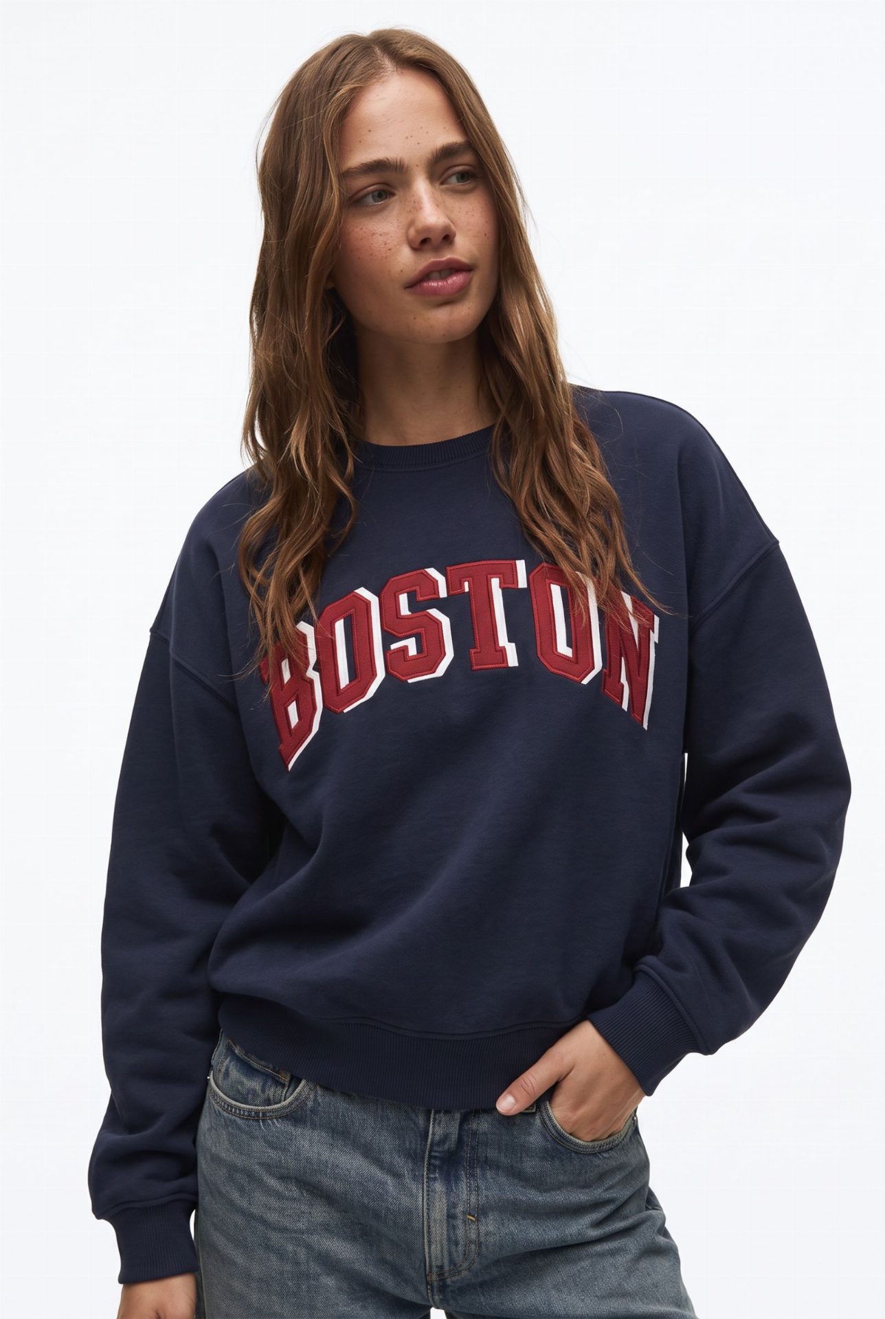 Sweat molletonné lettrage Boston - Marine