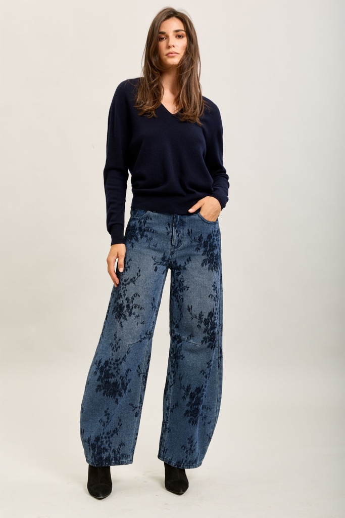 Jeans Barrel /  ballon - Bleu moyen floqué fleurs