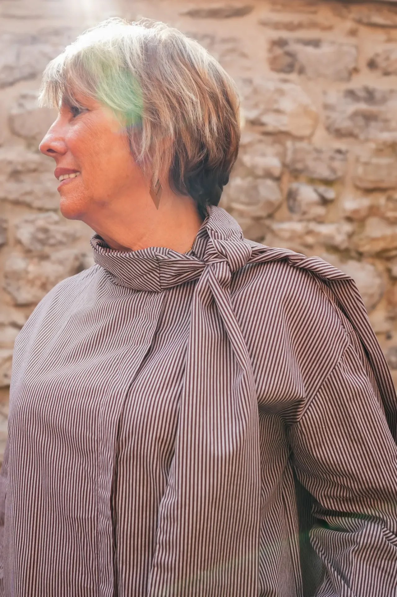 Chemise lignée col lavallière - marron