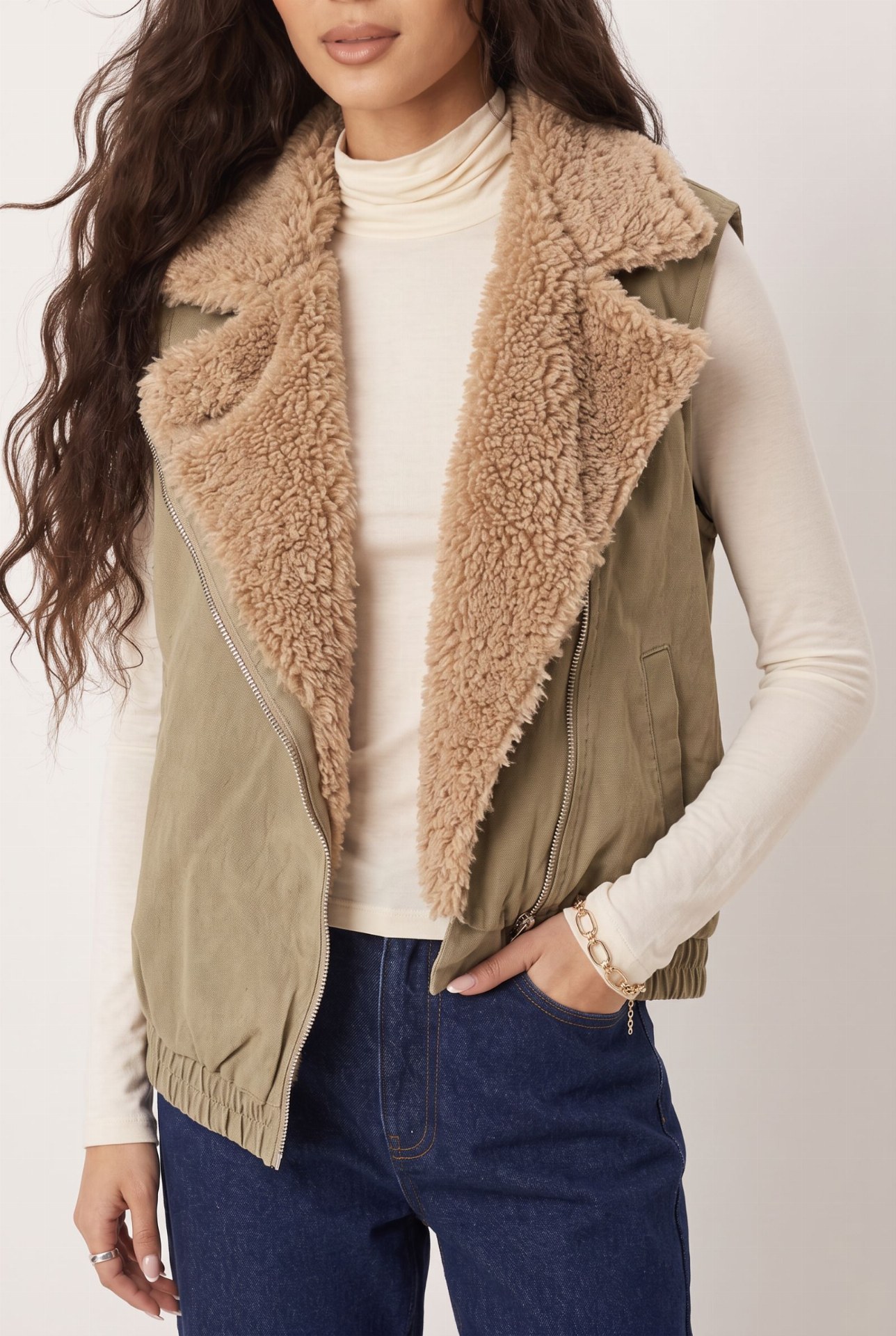 Veste sans manches col teddy revers - Beige