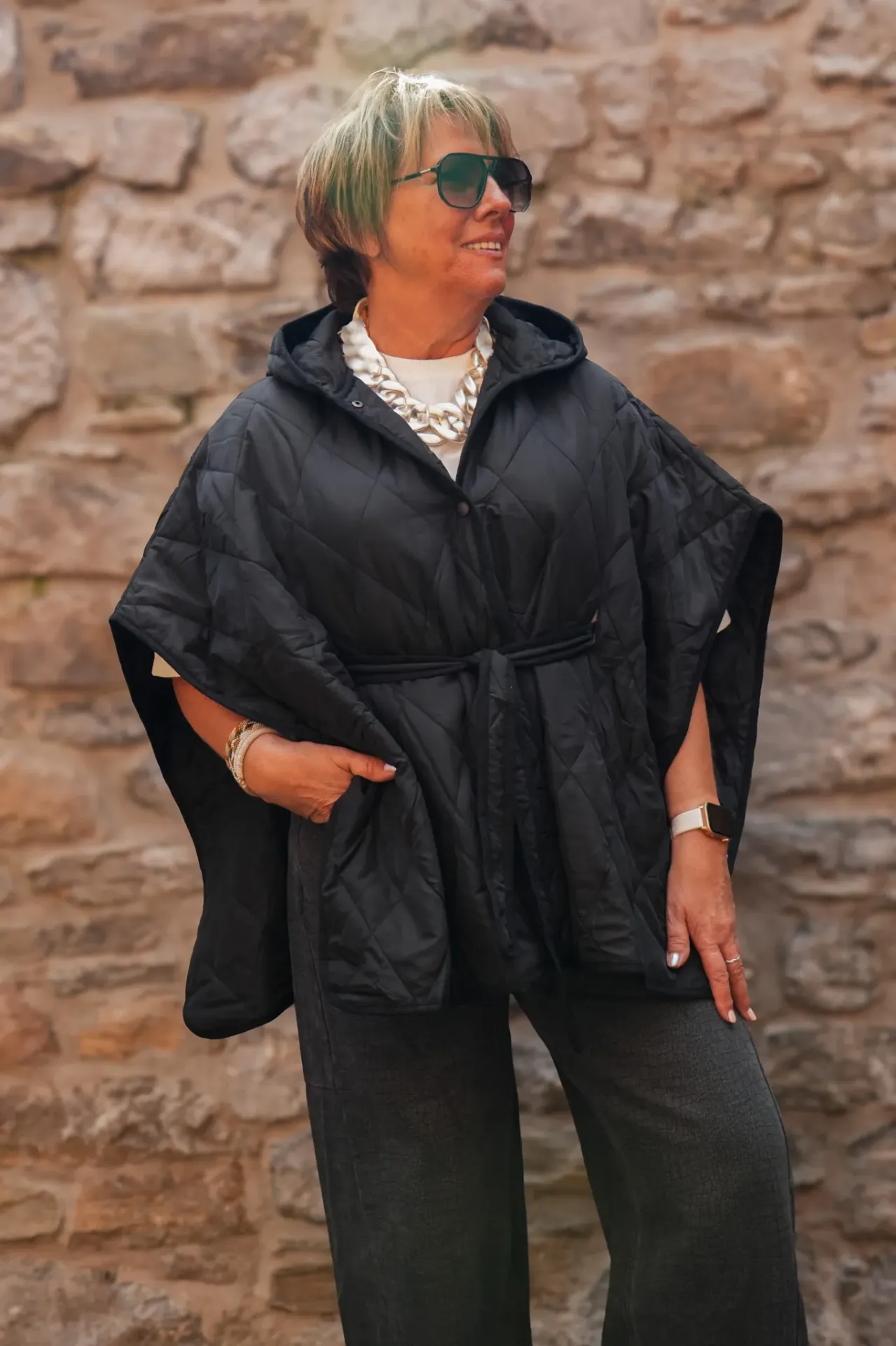 Manteau cape matelassé oversize - Noir