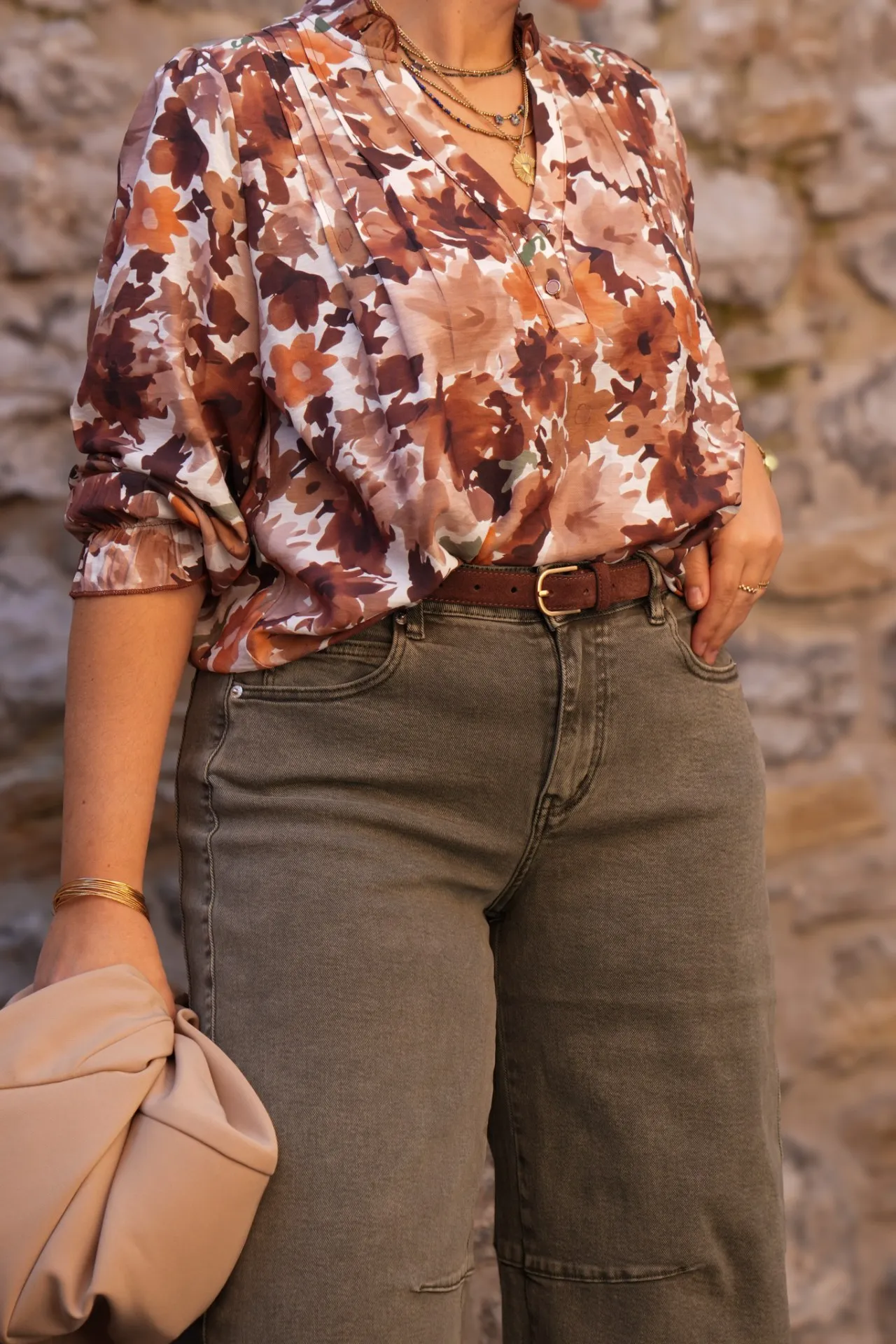 Blouse imprimée fleurs - Col V - Café