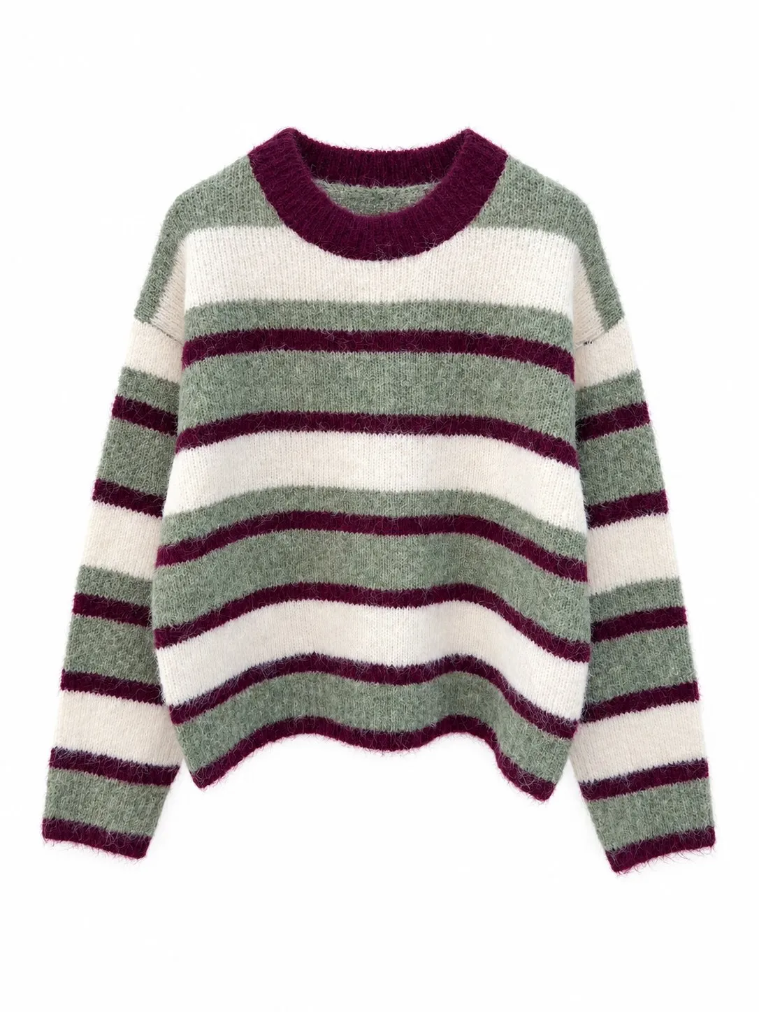 Pull rayé en maille mohair - Col rond - Olive