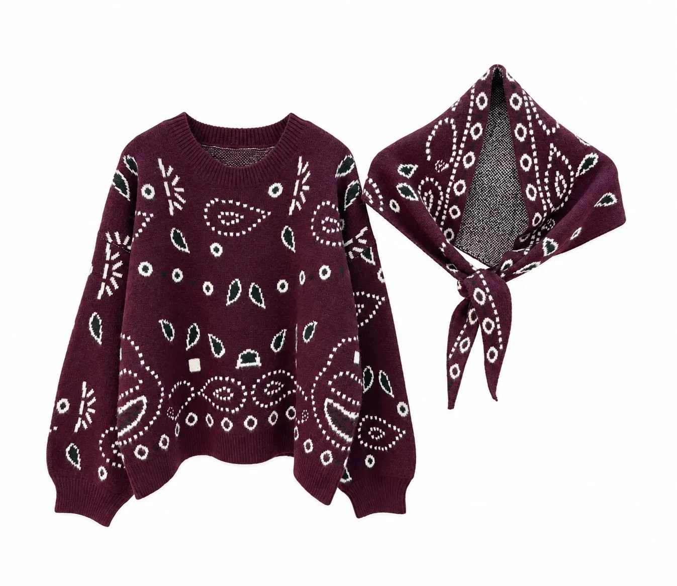 Ensemble pull et châle - Jacquard bandana - Prune