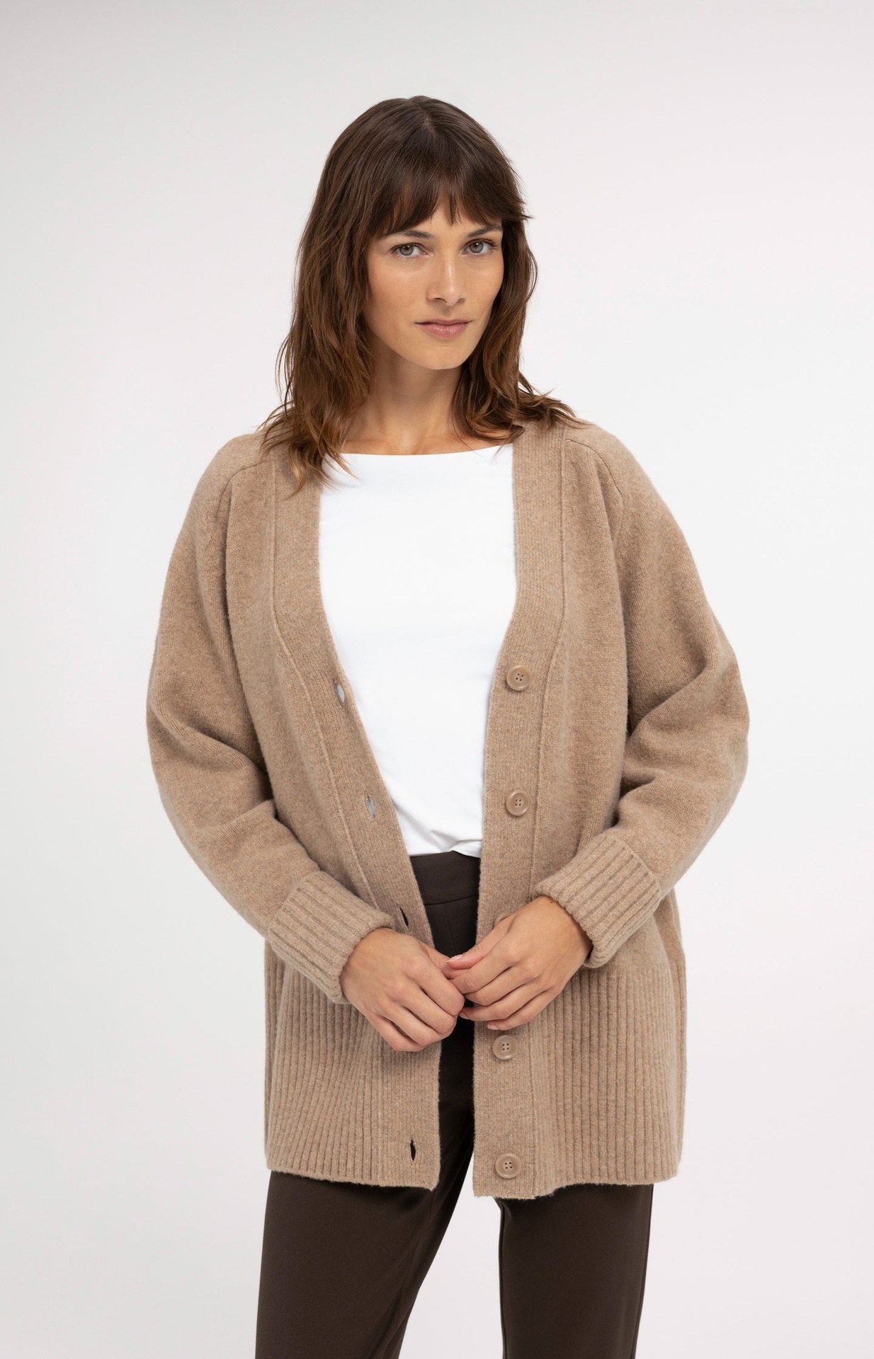 Cardigan oversize en maille côtelée - YAYA - Dark Beige Melange