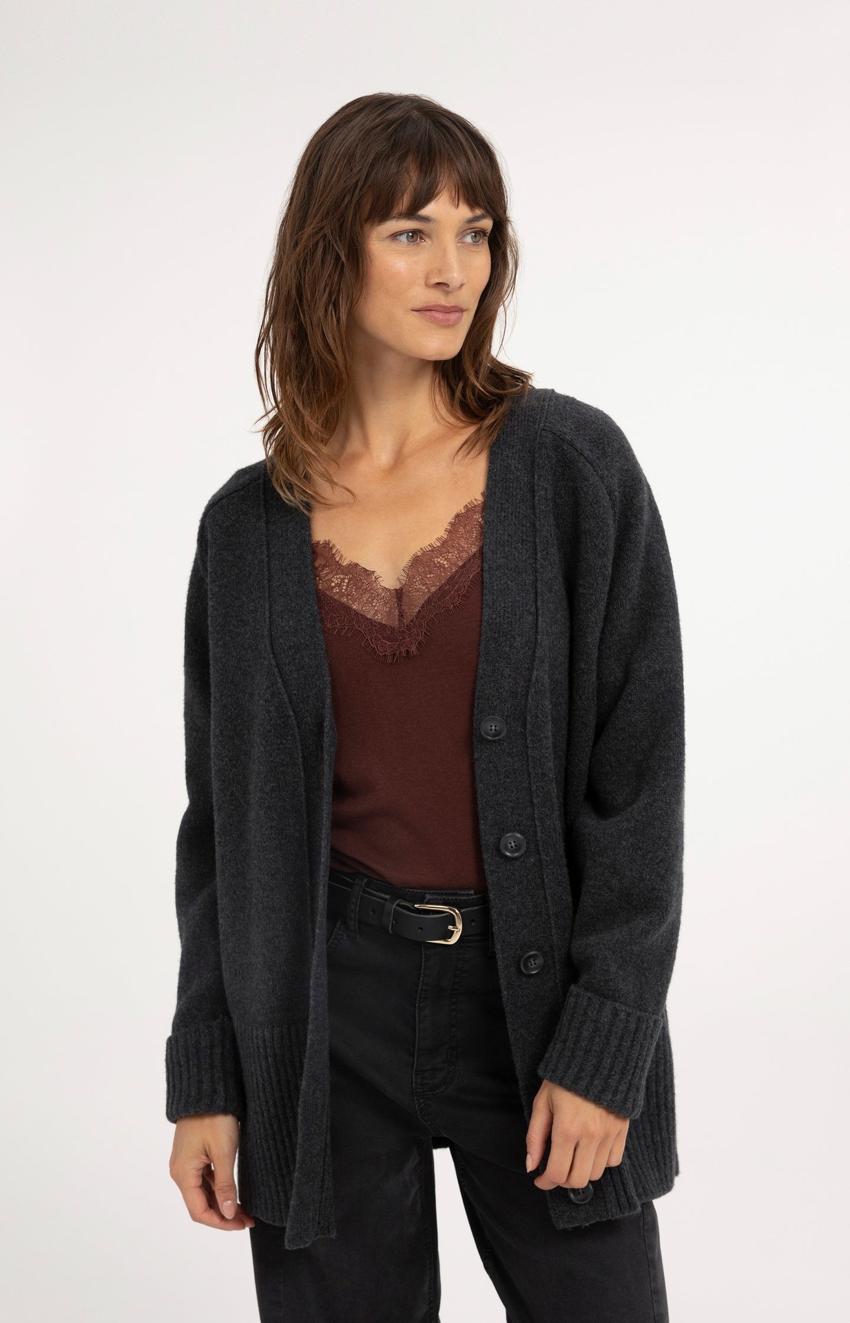 Cardigan oversize en maille côtelée - YAYA - Dark Anthracite Melange
