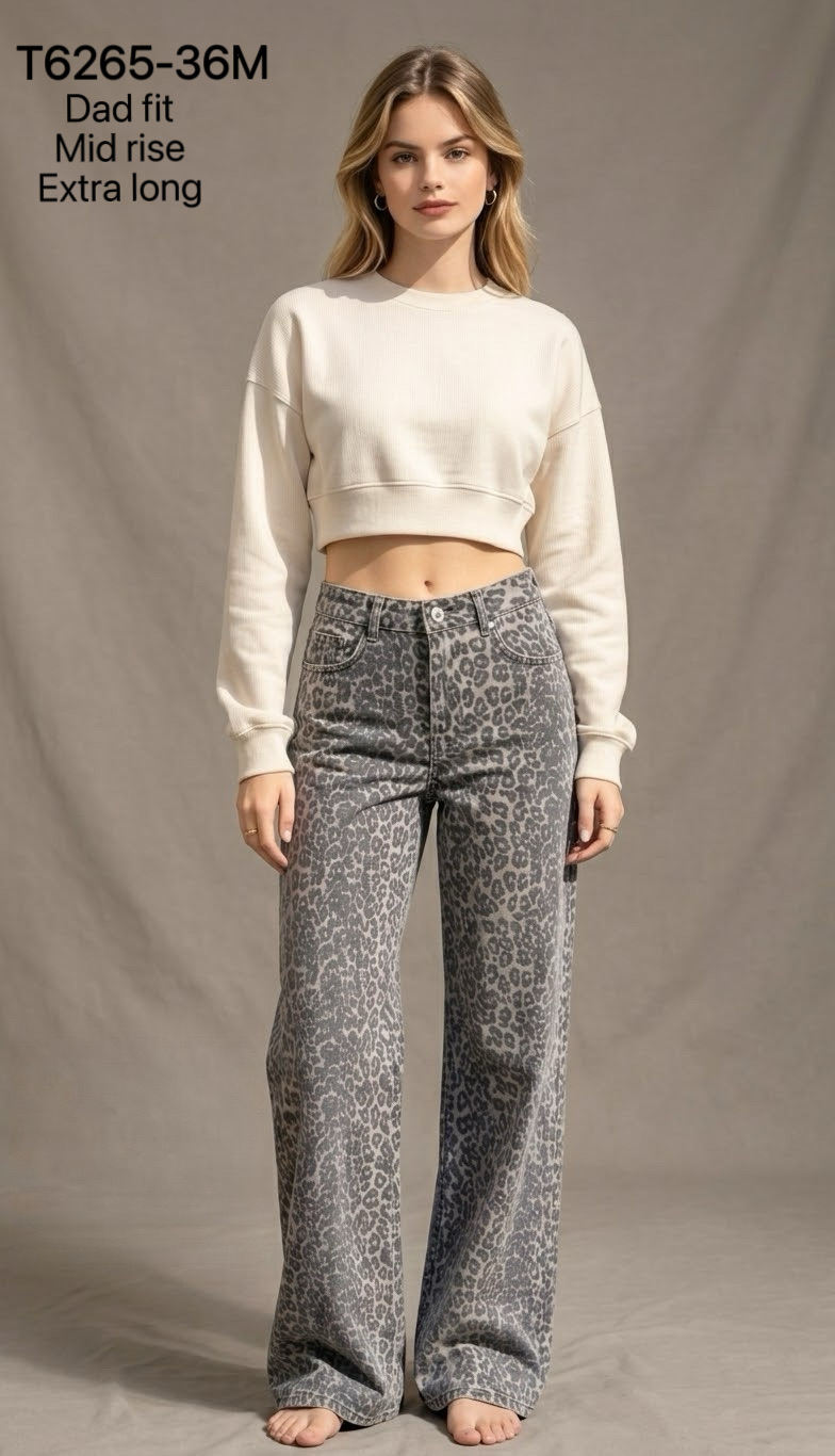 Jeans dad fit extra long imprimé léopard - Gris