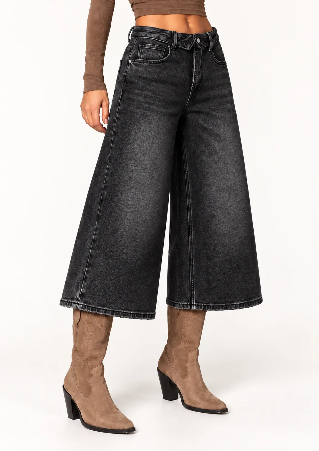 Bermuda long en jeans jambe large - Gris anthracite