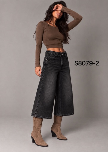Bermuda long en jeans jambe large - Gris anthracite
